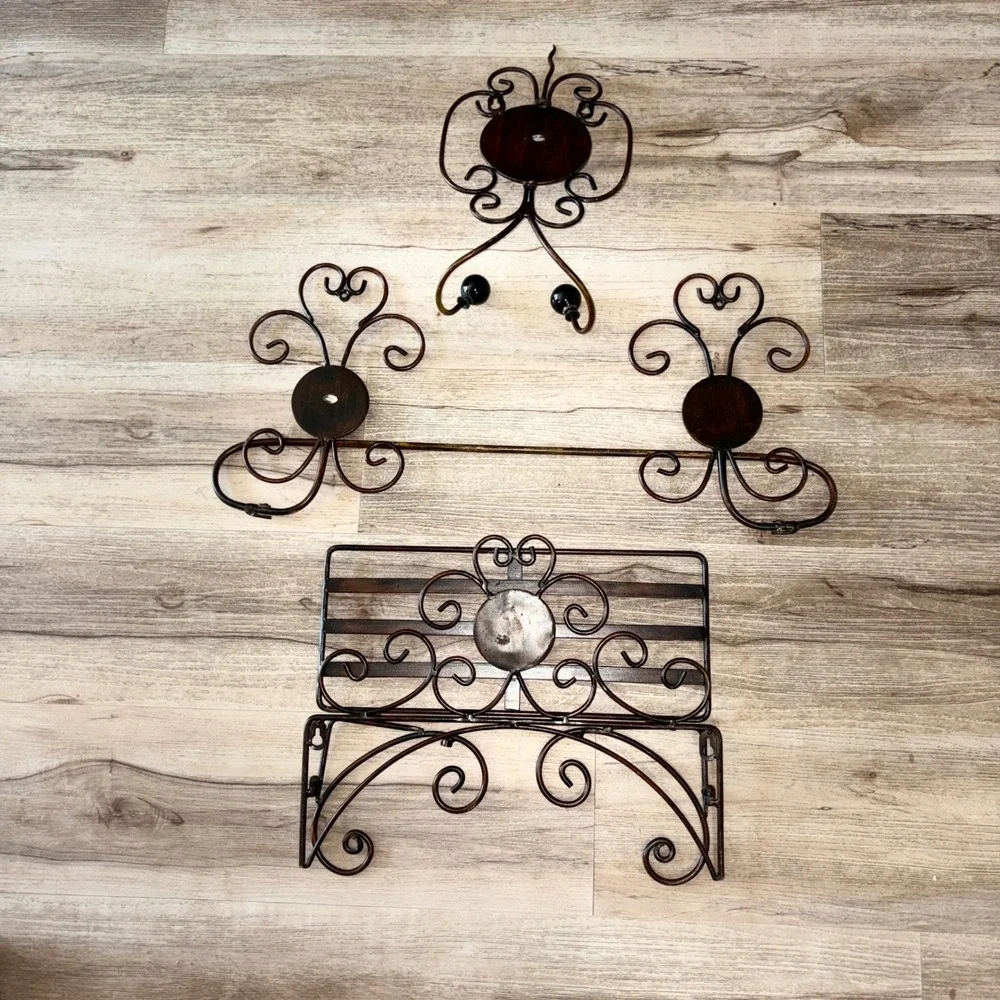 3pc Bronze Ornate Wrought Iron Bath Wall Decor Set Towel Bar Double Hook Shelf